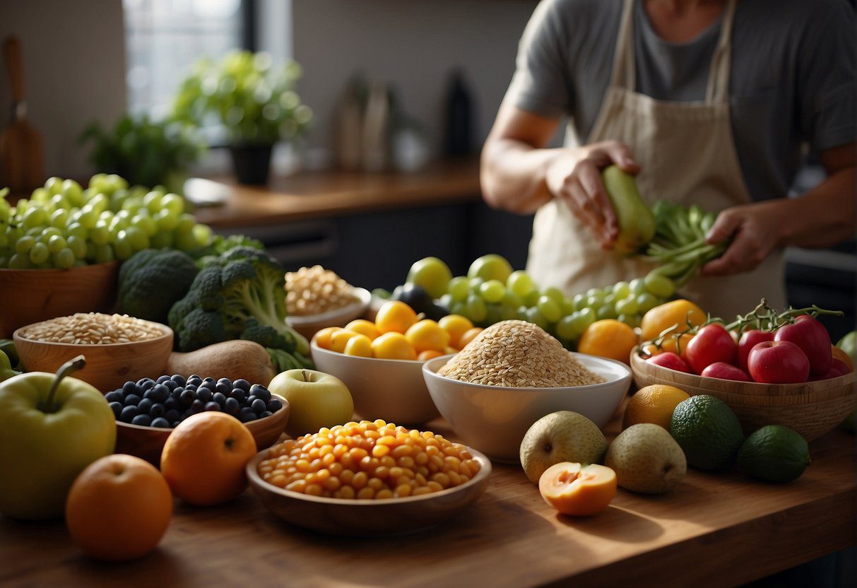 A table filled with colorful fruits, vegetables, and whole grains. A person preparing a meal with anti-inflammatory ingredients. A sense of calm and well-being in the atmosphere