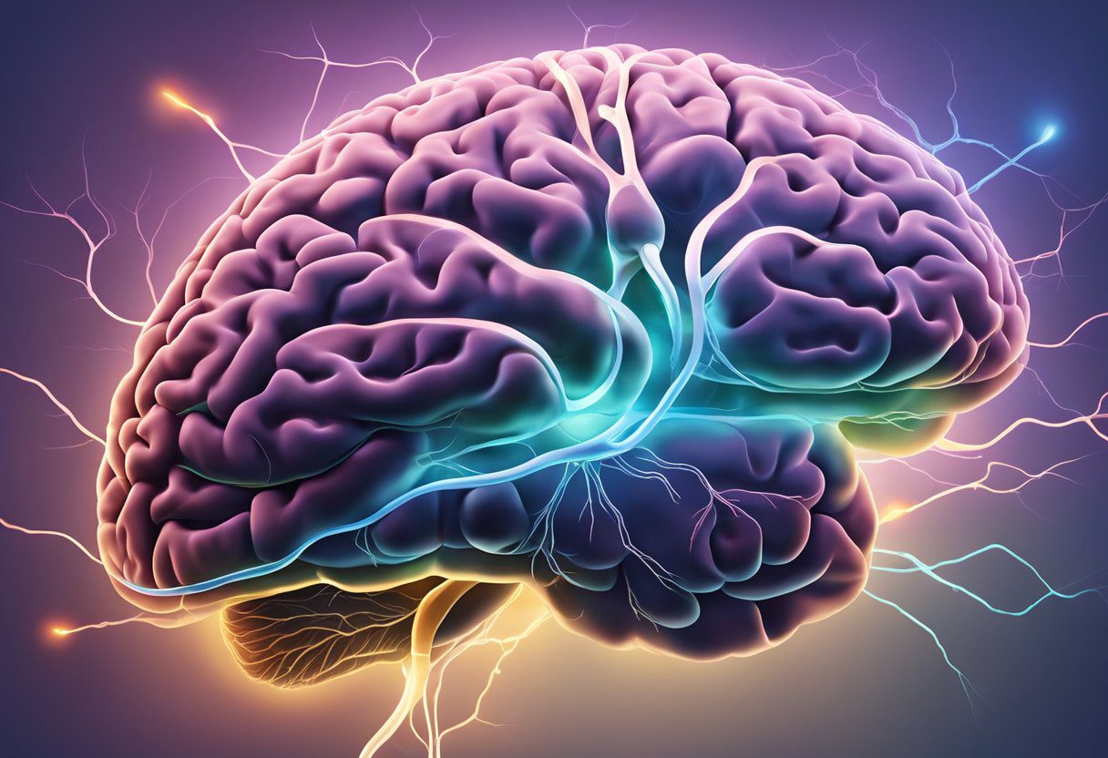 A brain with neural pathways lighting up, connecting to the endocrine system releasing hormones, and blood vessels dilating in response to sexual stimuli