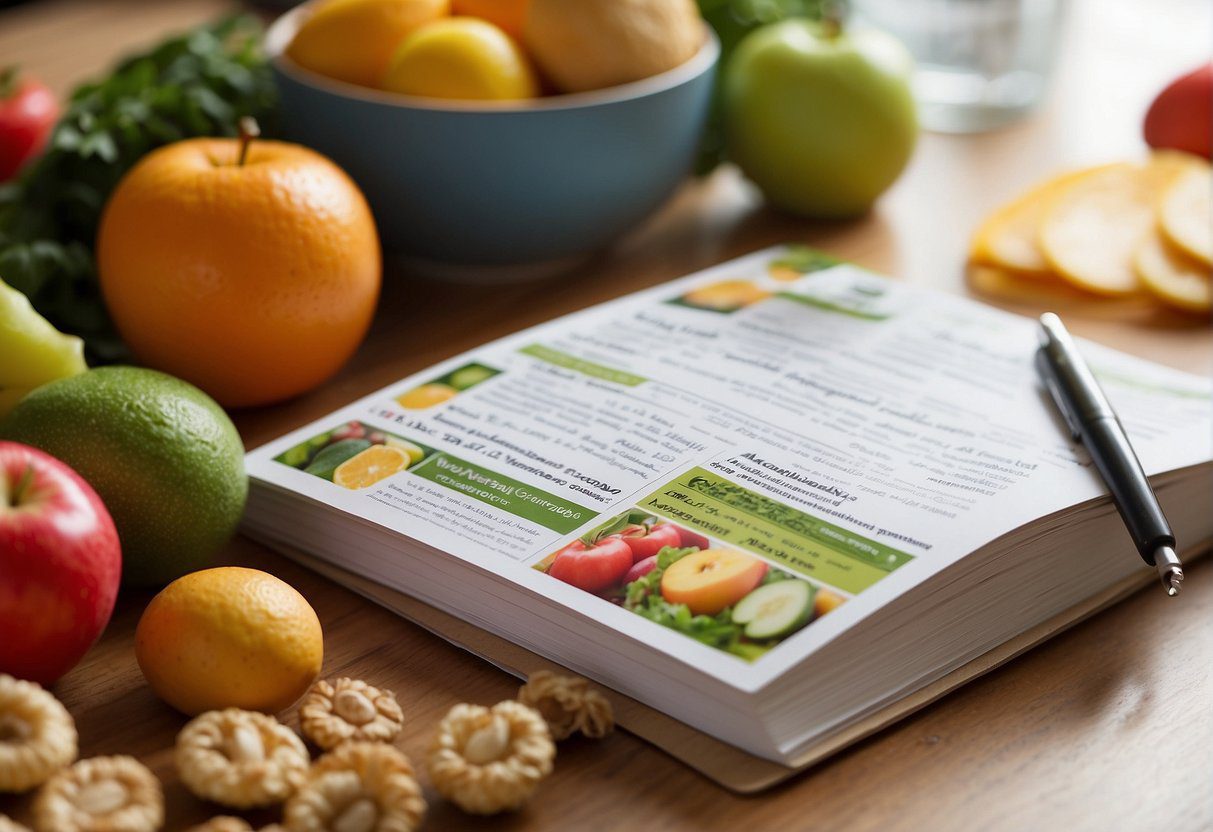 A table with colorful fruits, vegetables, and whole grains. A pamphlet on anti-inflammatory diet for lipedema. A person reading the pamphlet with a determined expression