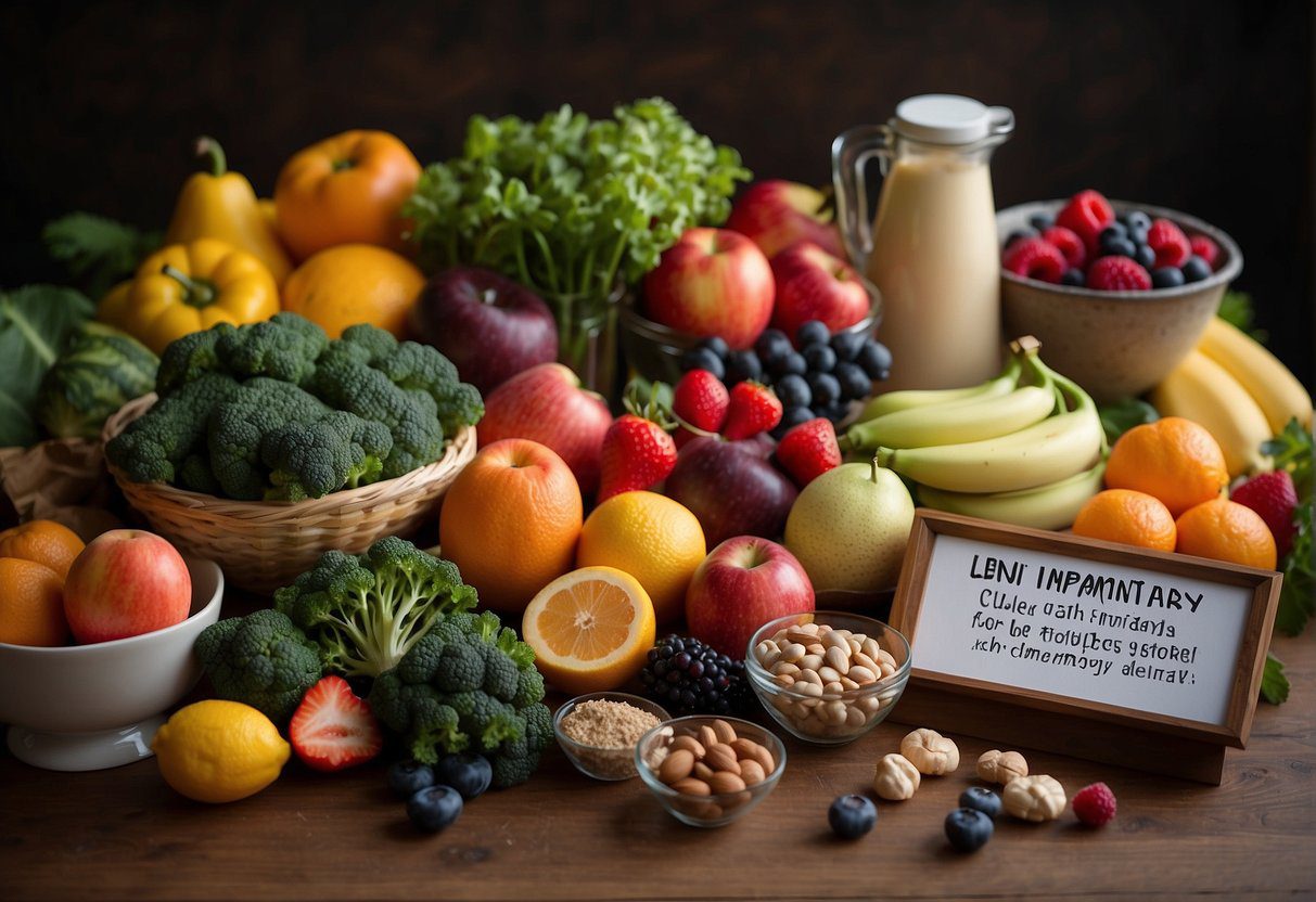 A table filled with colorful fruits, vegetables, and lean proteins. A sign reads "Anti-inflammatory Diet for Lipedema" with a list of recommended foods