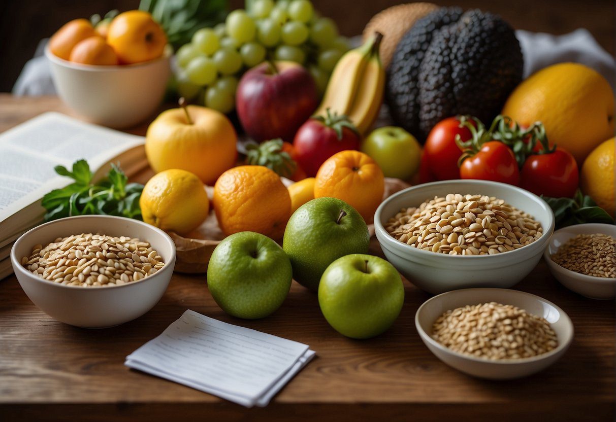 A colorful array of fresh fruits, vegetables, and whole grains arranged on a table, with anti-inflammatory foods highlighted, surrounded by research papers and medical journals