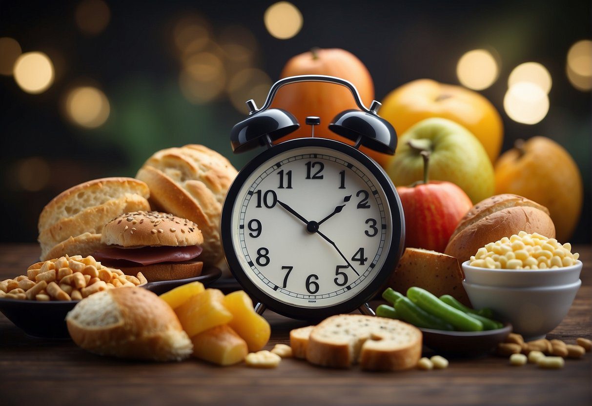 Various foods piled up, some unhealthy, some oversized portions. A clock ticking in the background, symbolizing the slow metabolism caused by these eating mistakes