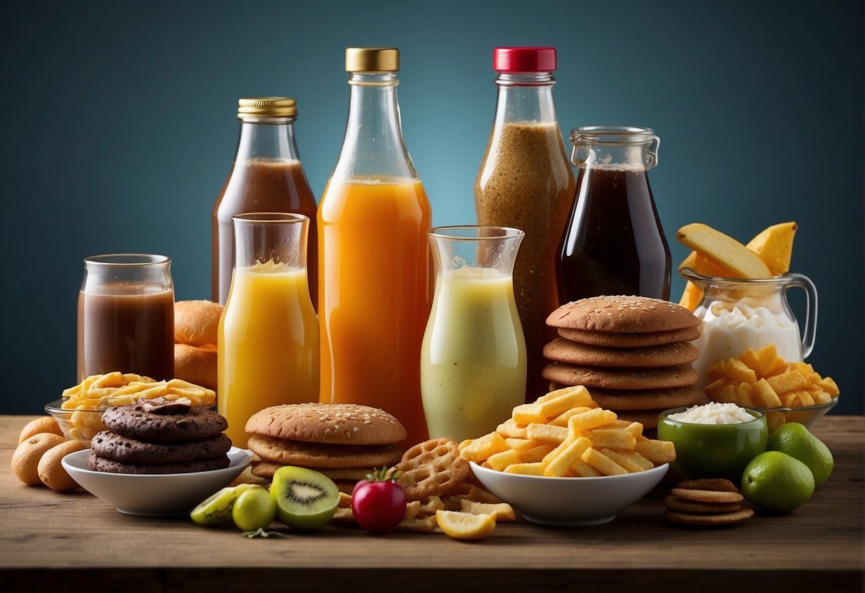 Various food items (e.g. sugary drinks, processed foods) surrounding a sluggish, broken-down hourglass to represent slow metabolism