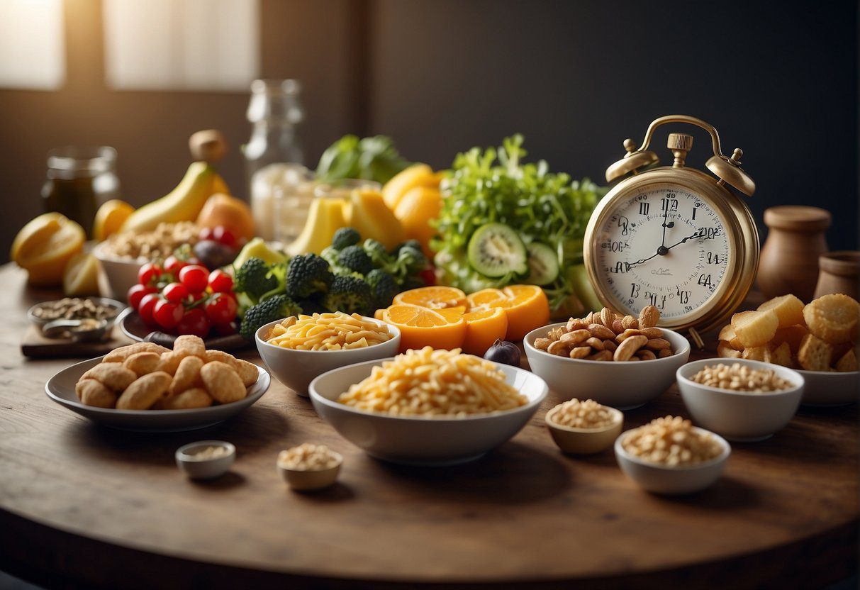 A table with various foods, some healthy and some unhealthy, surrounded by a stopwatch to symbolize a slowed metabolism