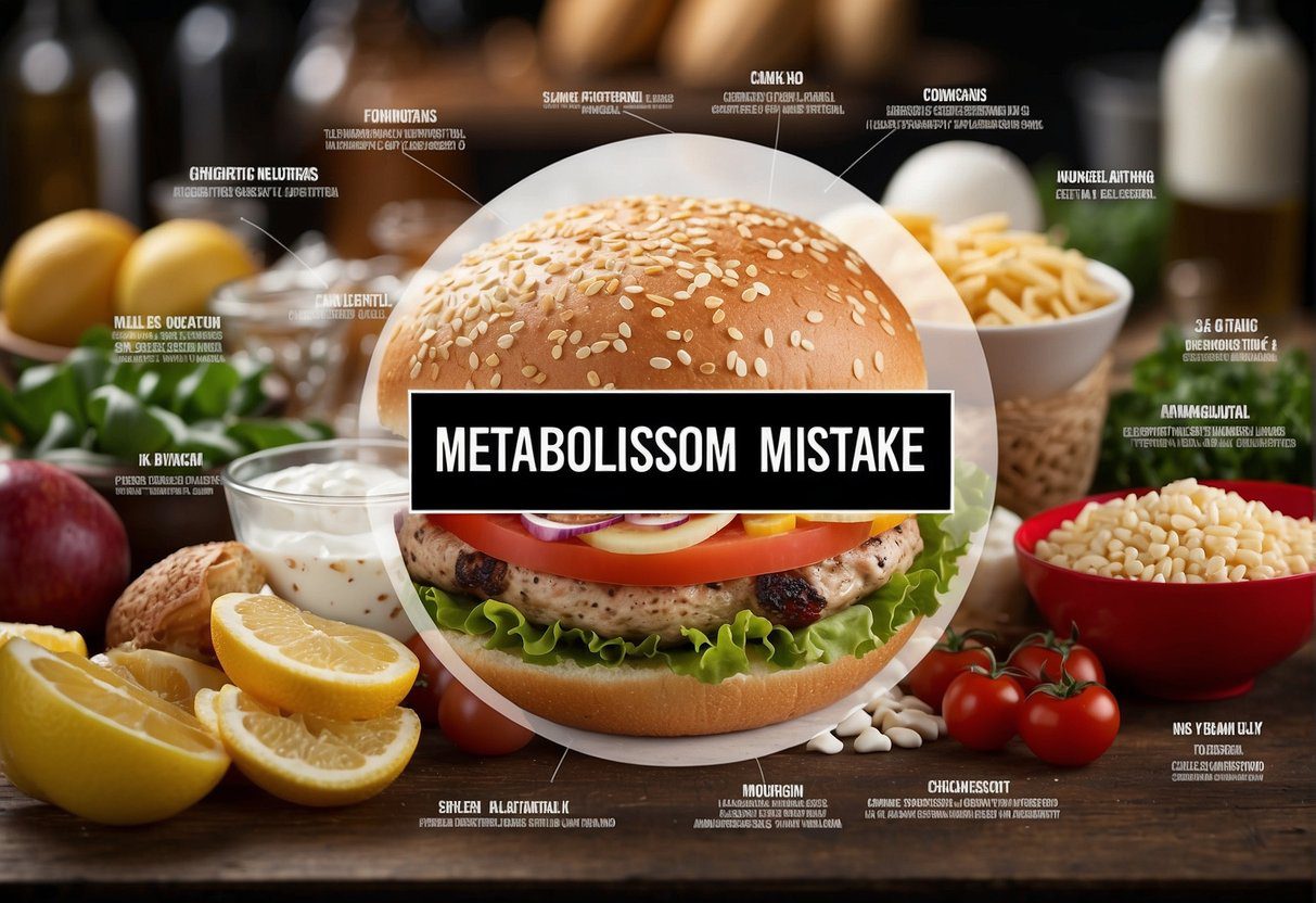 Various foods and drinks labeled with "metabolism-slowing mistakes" surrounded by a red circle with a line through it