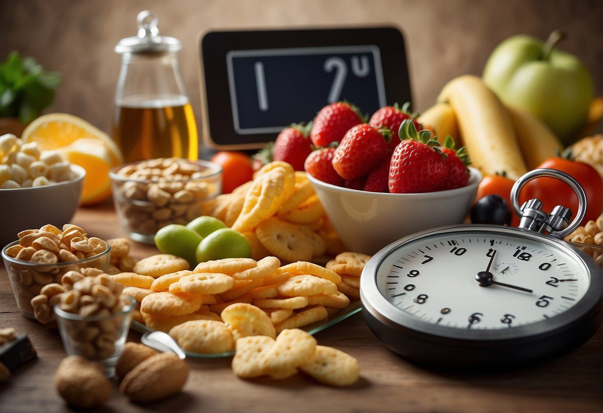 A table with various food items, including processed snacks and sugary drinks, next to a stopwatch and a sluggish-looking metabolism symbol