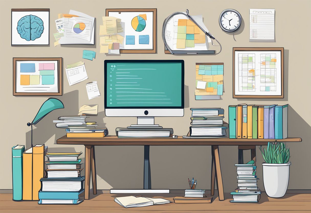 A cluttered desk with a stack of books on memory improvement, a computer displaying brain fog symptoms, and a brainstorming chart on the wall