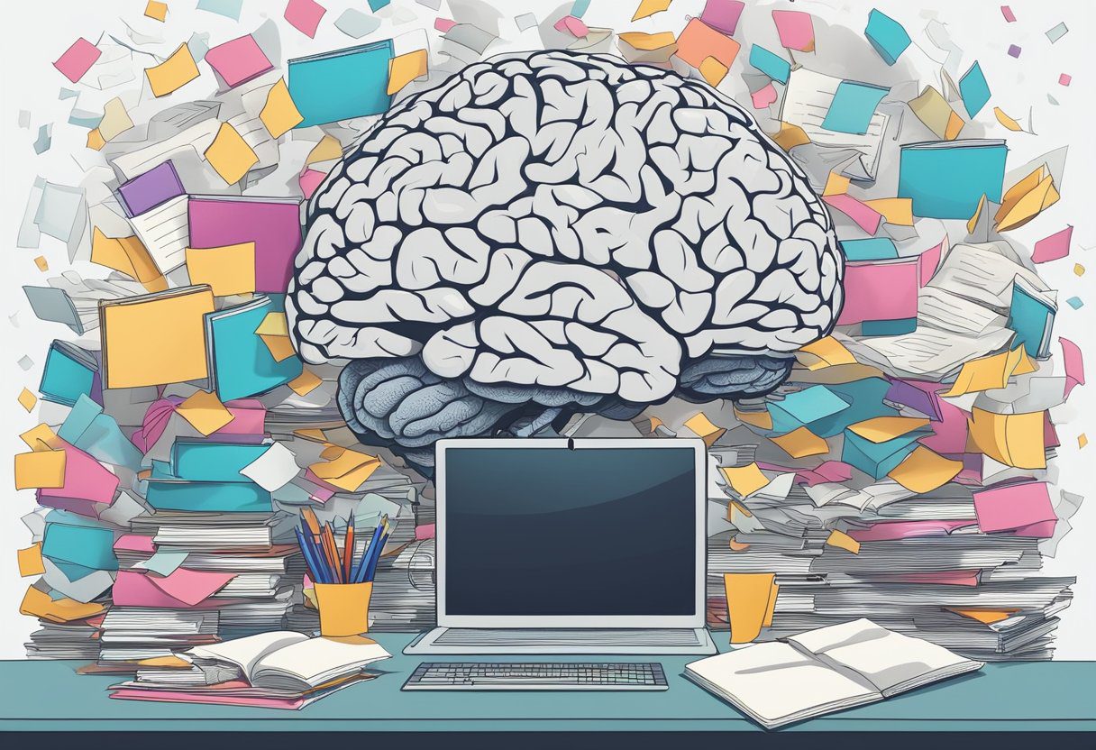 A cluttered desk with scattered papers and a foggy brain hovering above. A clear path leads to a vibrant, organized brain surrounded by memory-boosting activities