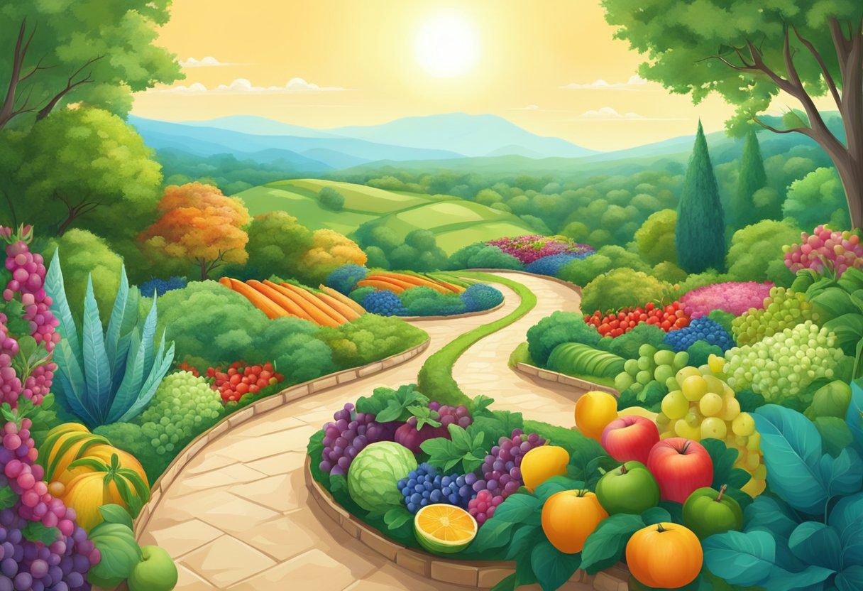 A serene landscape with a winding path leading to a vibrant garden of colorful fruits and vegetables, surrounded by lush greenery and a clear blue sky