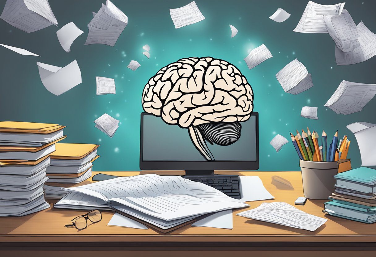 A cluttered desk with scattered papers and a foggy brain hovering above, while a clear, organized desk with a bright, focused brain floats nearby