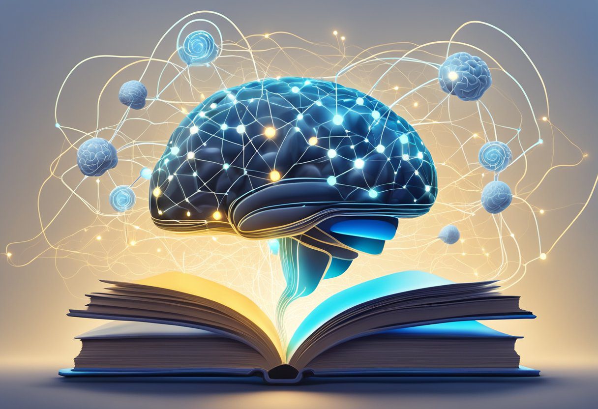 A stack of books and a brain surrounded by glowing connections