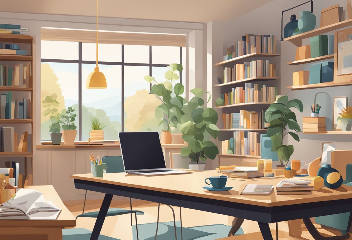 A clutter-free study area with natural lighting, exercise equipment, and healthy snacks