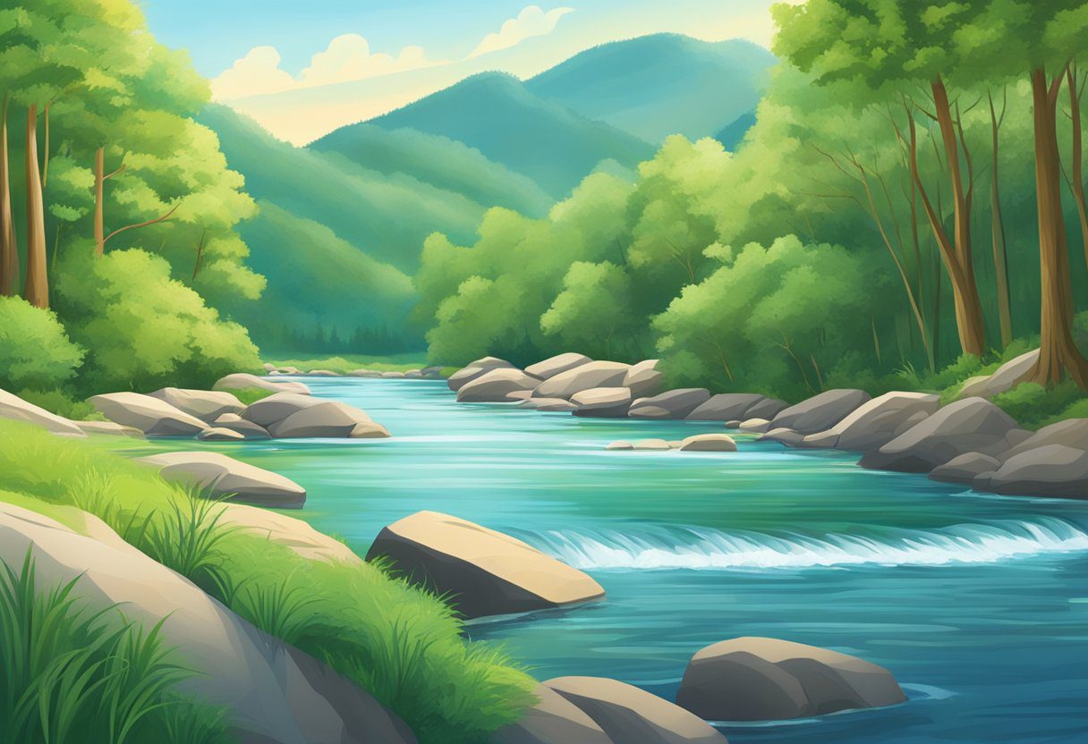 A serene natural landscape with a flowing river, lush greenery, and a clear blue sky, showcasing the calming effects of nature on memory retention