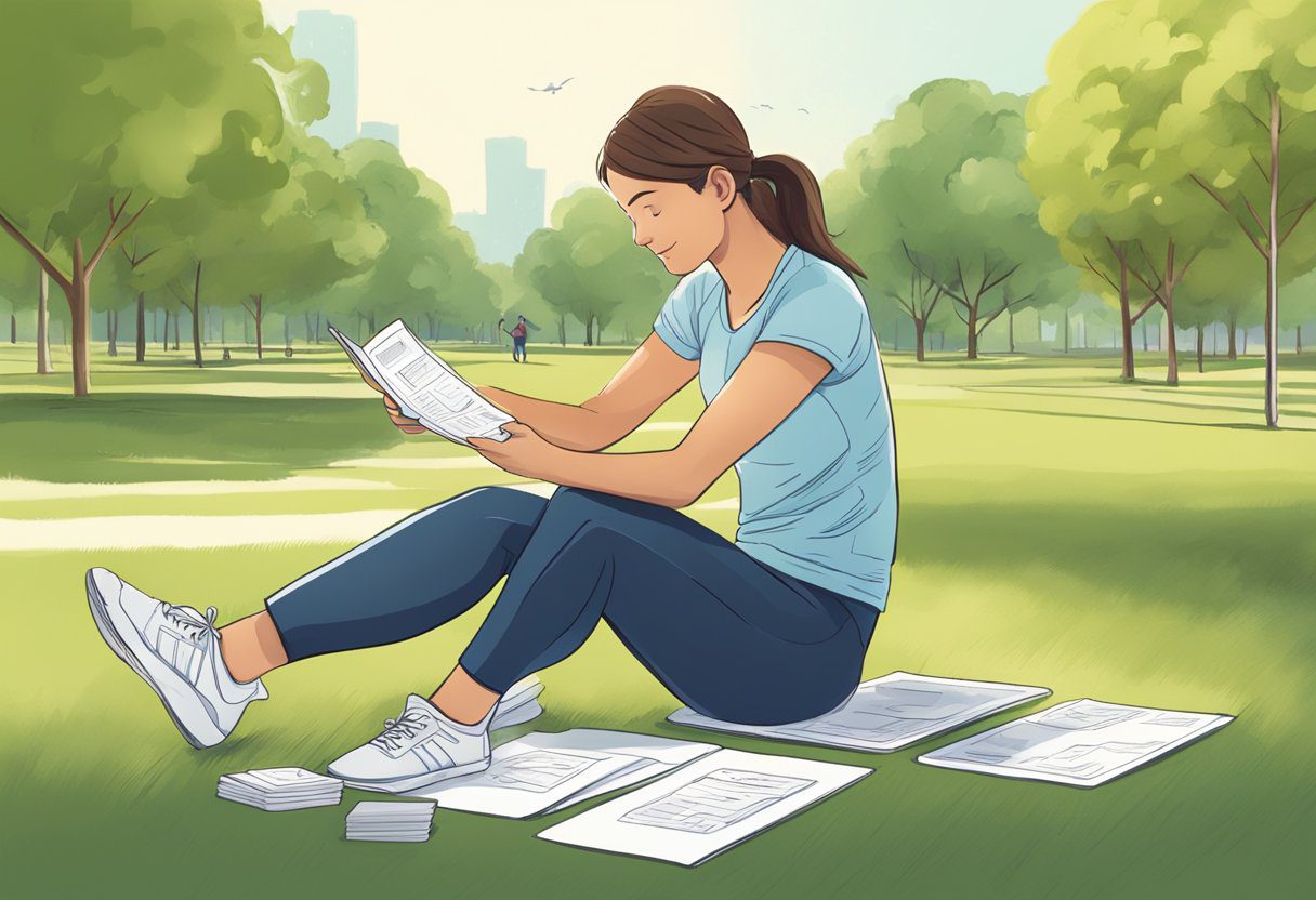 A person exercising in a park while studying flashcards