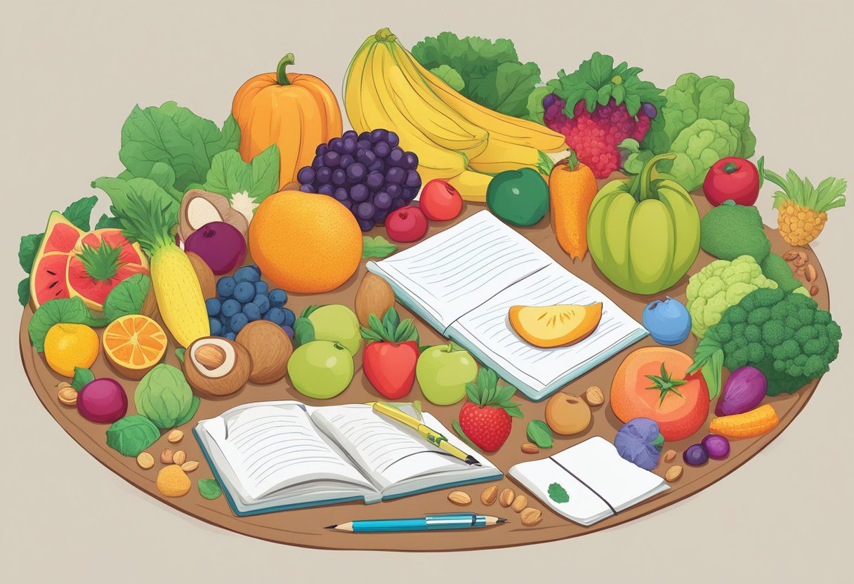 A table with a variety of colorful fruits, vegetables, and nuts, surrounded by books and brain-shaped puzzles. A person writing notes on a whiteboard about the connection between nutrition and memory