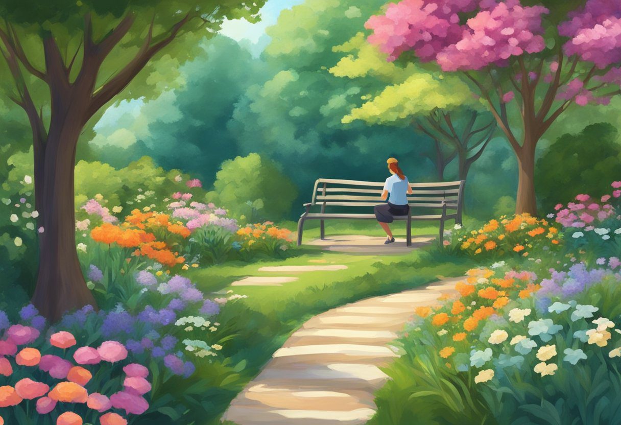 A serene garden with a winding path, surrounded by vibrant flowers and lush greenery. A person sits under a tree, reading a book on memory improvement