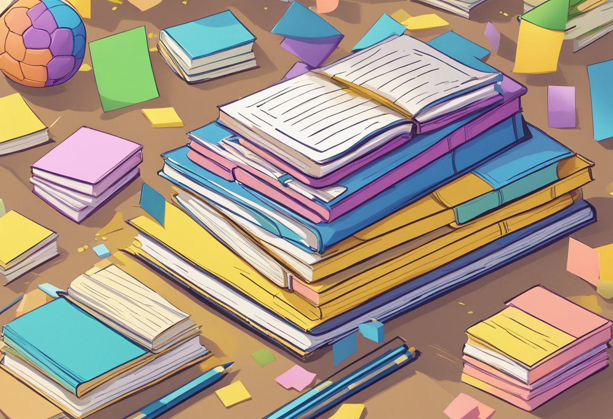 A stack of books and a brain-shaped puzzle on a desk, surrounded by sticky notes with memory-boosting tips