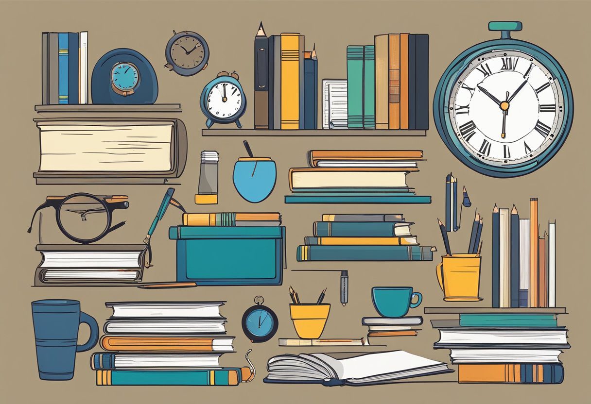 A desk with various objects arranged in a specific order, such as books, pencils, and a clock, with a focus on details and spatial relationships