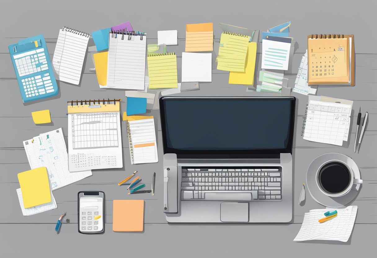 A cluttered desk with various objects, a calendar with marked dates, a computer screen with open tabs, and a notepad with scribbled notes