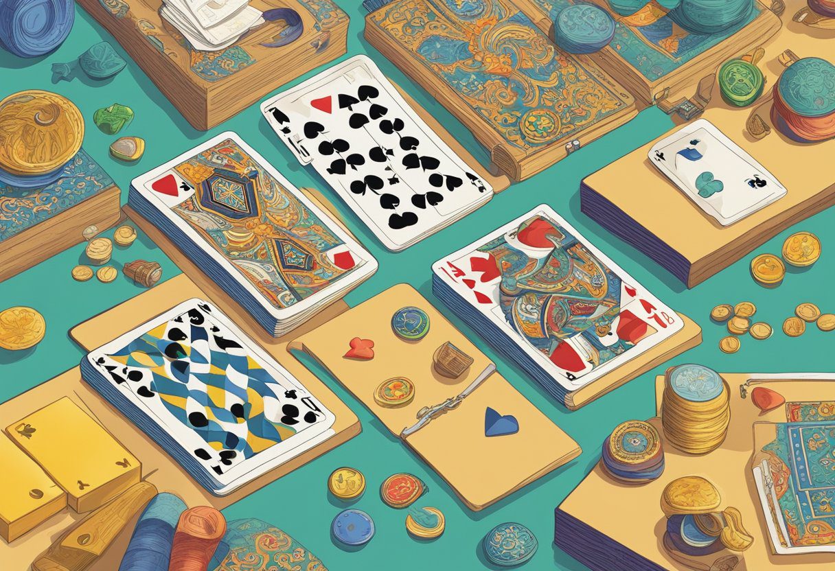 A table with various objects arranged in a specific pattern, such as a deck of cards, a set of keys, and a colorful puzzle, with a focus on their placement and details