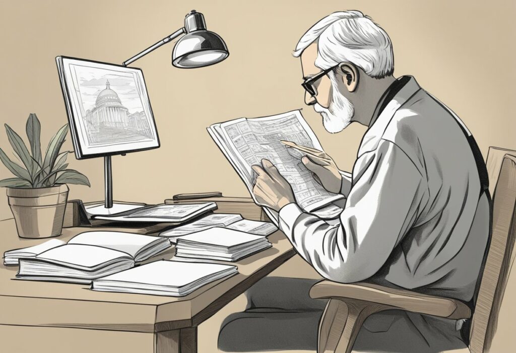 Old man reading a paper in front of a computer