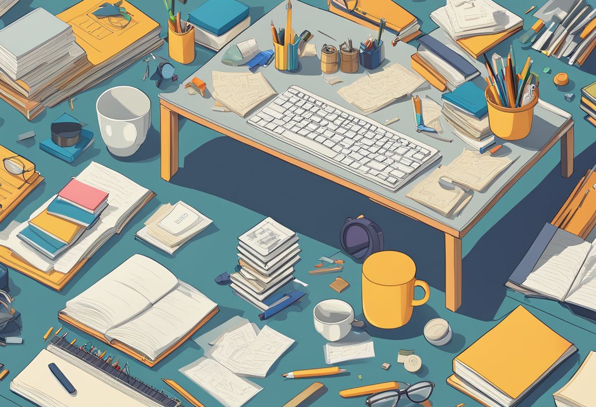 A cluttered desk with scattered objects and a complex maze puzzle on a table, surrounded by books and visual memory training materials