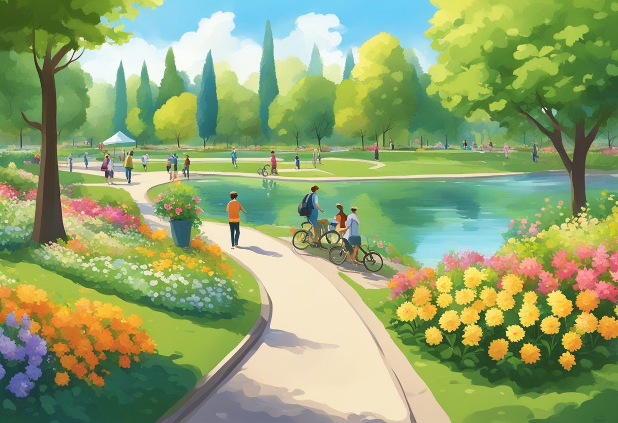 A sunny park with people walking, biking, and picnicking. Bright flowers and green trees surround a peaceful pond
