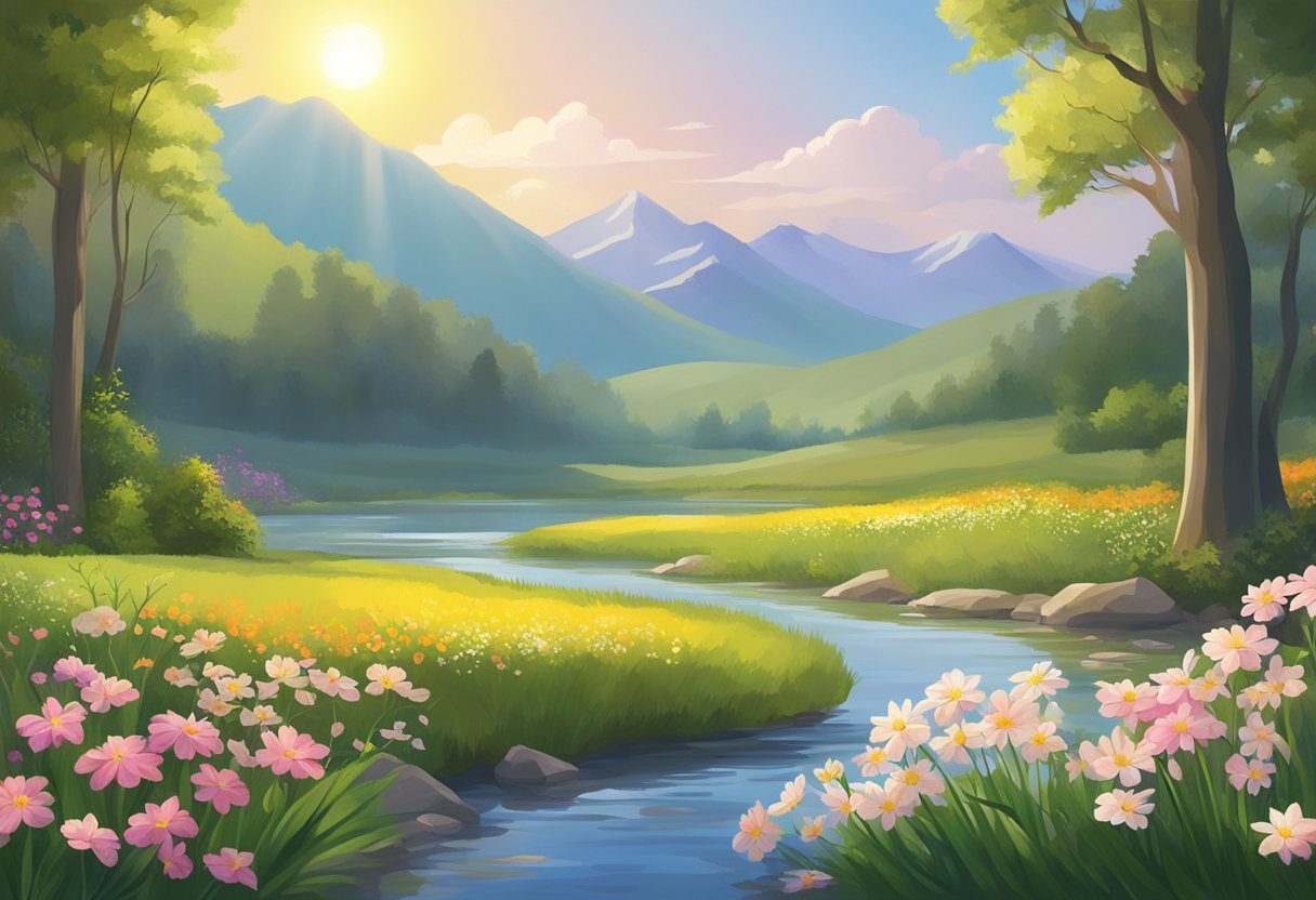 A serene landscape with blooming flowers, a calm stream, and a bright sun shining down
