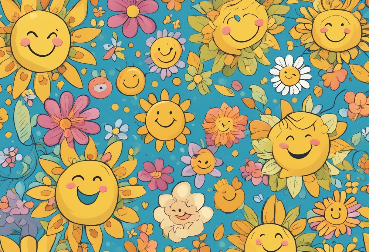 A group of smiling faces surrounded by symbols of joy and contentment, such as sunshine, flowers, and laughter