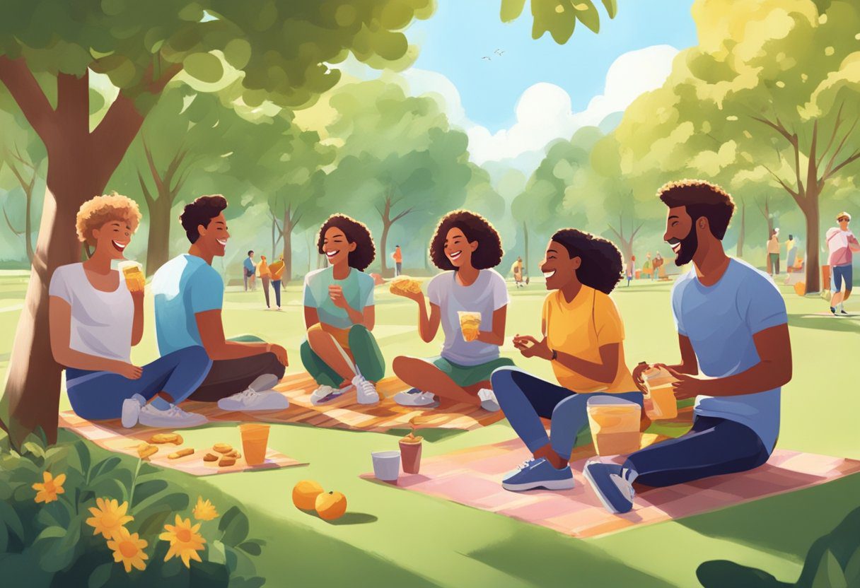 A sunny park with people smiling, exercising, and enjoying nature. A group of friends laughing and sharing healthy snacks