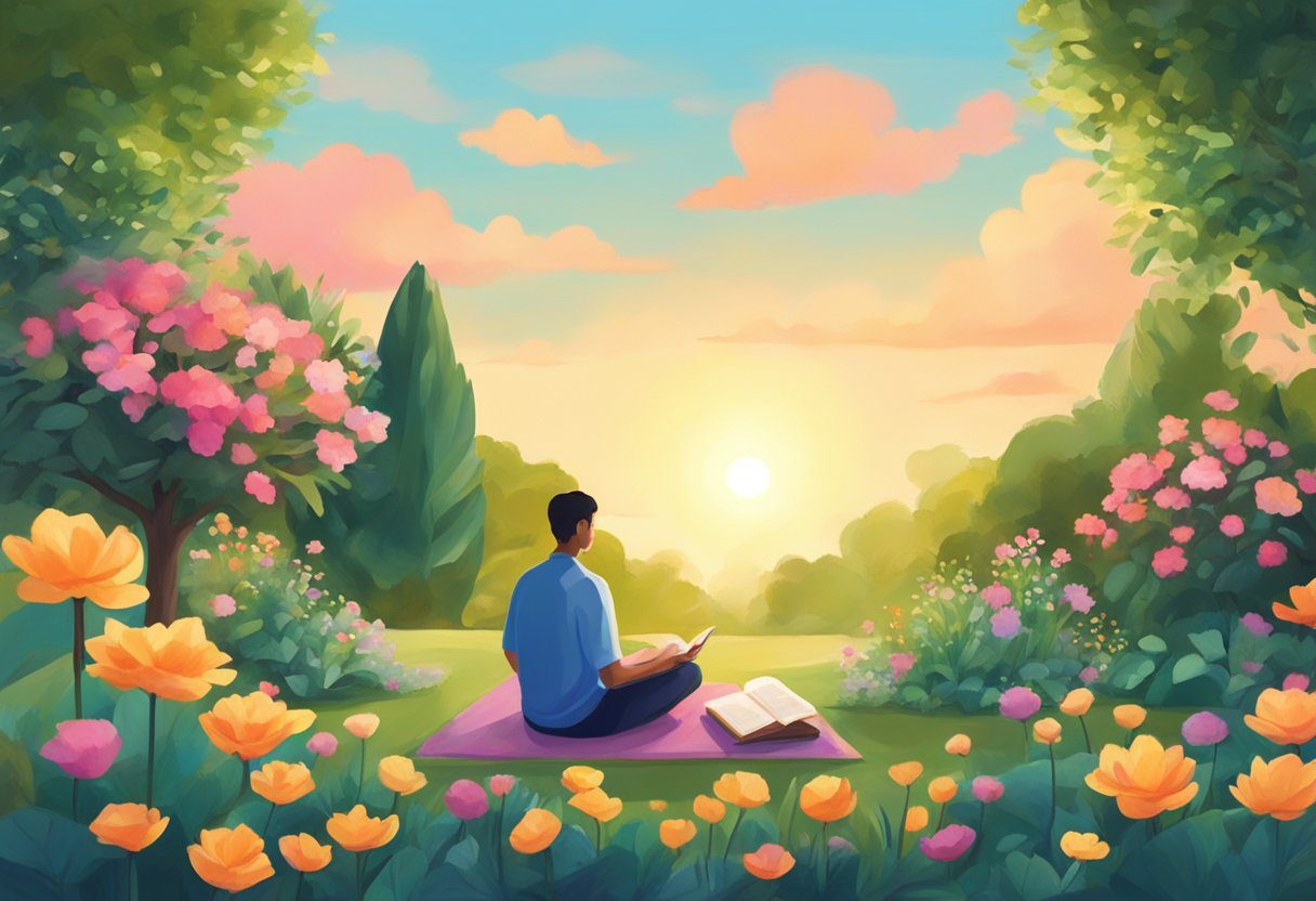 A serene sunrise over a peaceful garden, with vibrant flowers and lush greenery. A person meditates under a tree, surrounded by books and a journal