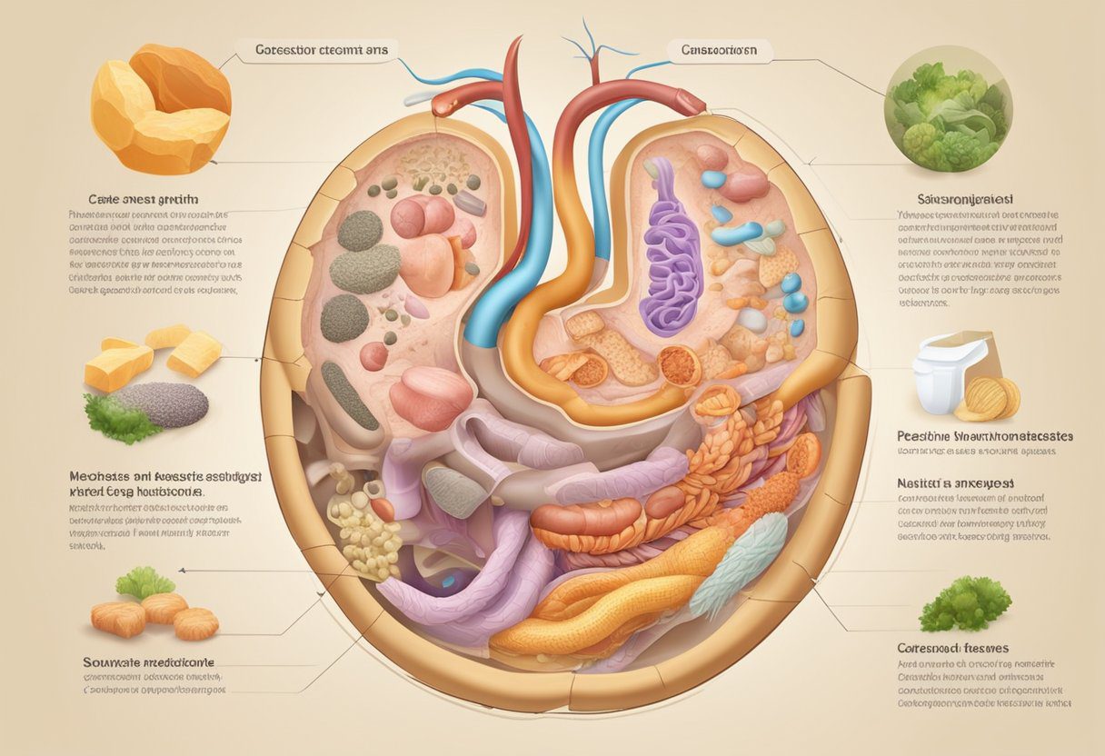 Carbs and proteins mix in the stomach, enzymes break them down. Nutrients are absorbed in the small intestine, waste moves to the large intestine
