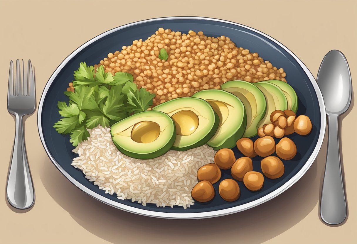 A plate with a balanced meal: rice and beans, chicken and quinoa, or a salad with chickpeas and avocado