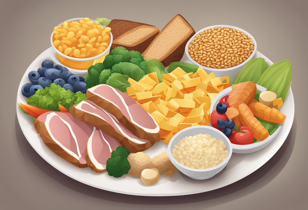 Carbs and proteins unite in a meal, creating a harmonious balance. A plate holds a colorful array of foods, with grains and meats blending together in perfect synergy