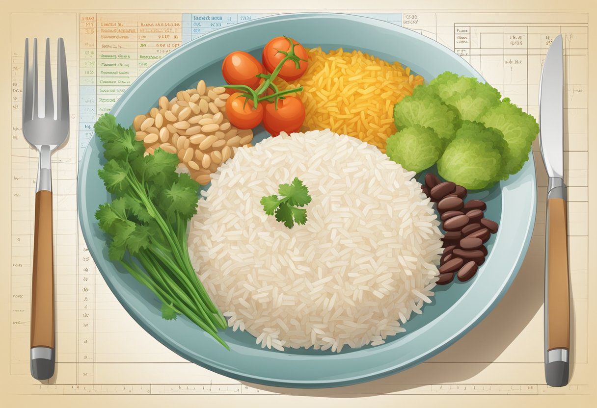 A plate with a balanced meal of rice, beans, and vegetables, with scientific charts and data in the background