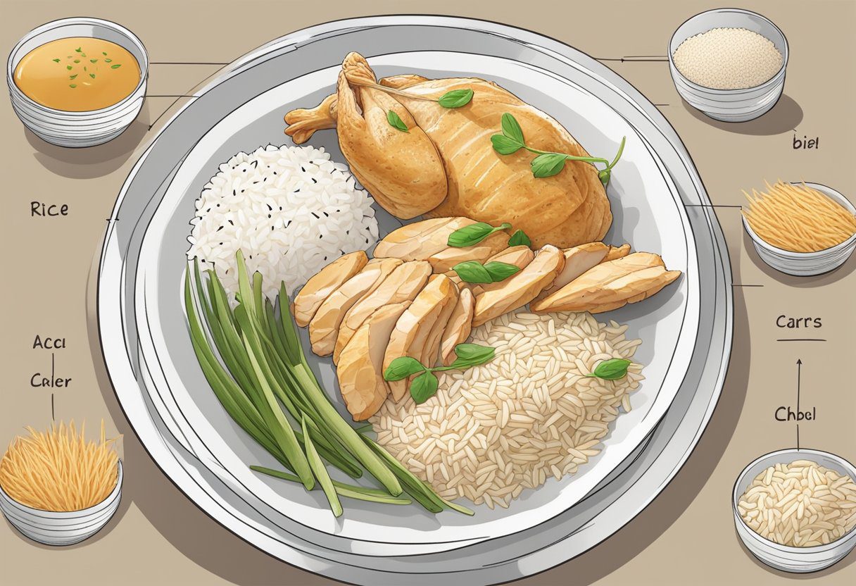 A plate with rice and chicken, digestive system with arrows showing potential challenges of combining carbs and proteins