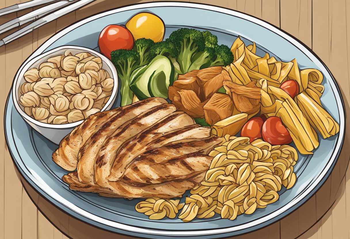 A plate with whole grain pasta, grilled chicken, and mixed vegetables, showing the combination of carbs and proteins in a balanced meal