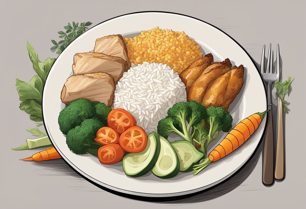 A plate with a balanced meal of rice, chicken, and vegetables, showing the combination of carbs and proteins