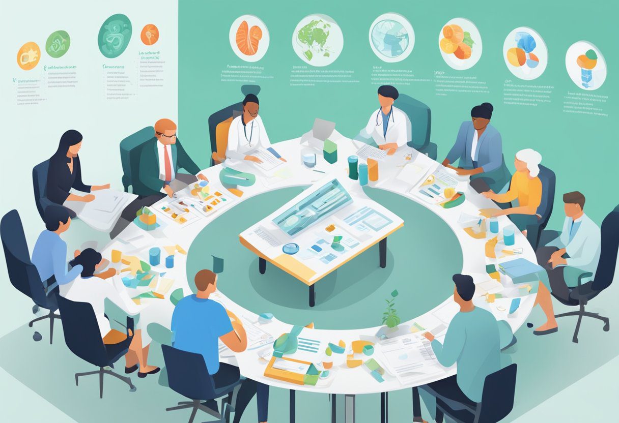 A table with various preventive health interventions, surrounded by researchers analyzing cost-effectiveness and impact