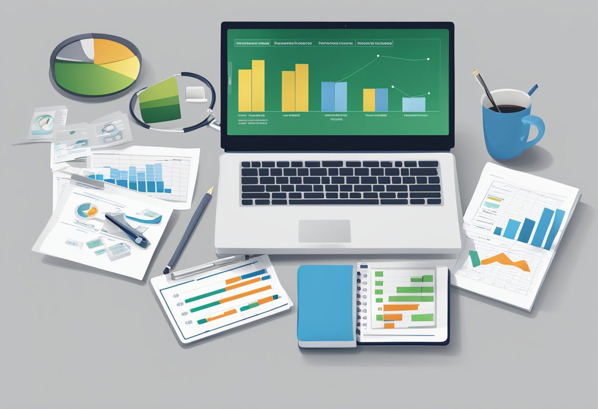 A table with a laptop, papers, and a calculator. A chart showing cost-benefit analysis of health interventions