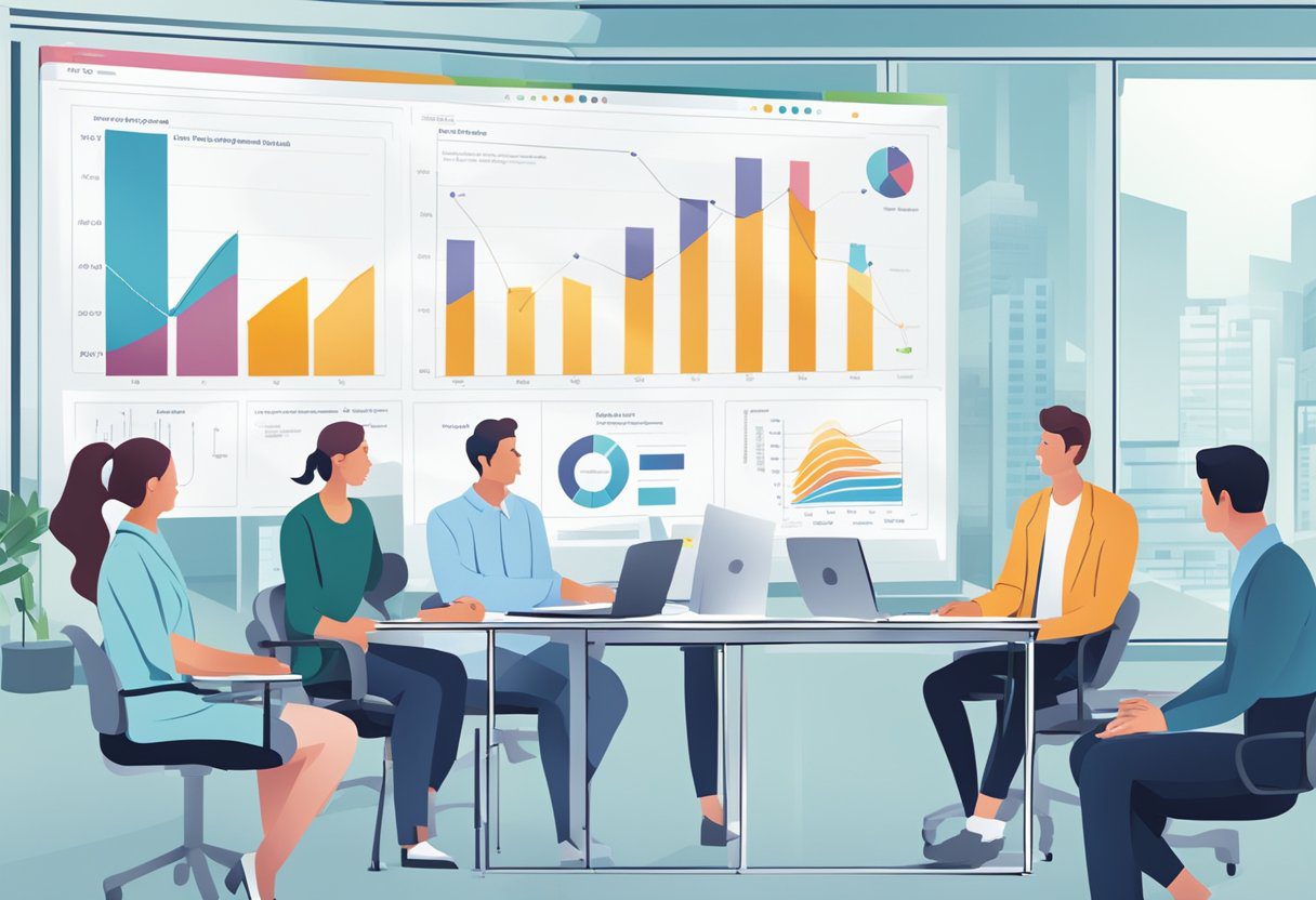 A group of professionals analyzing data and charts on a large screen, discussing the effectiveness of preventive health interventions