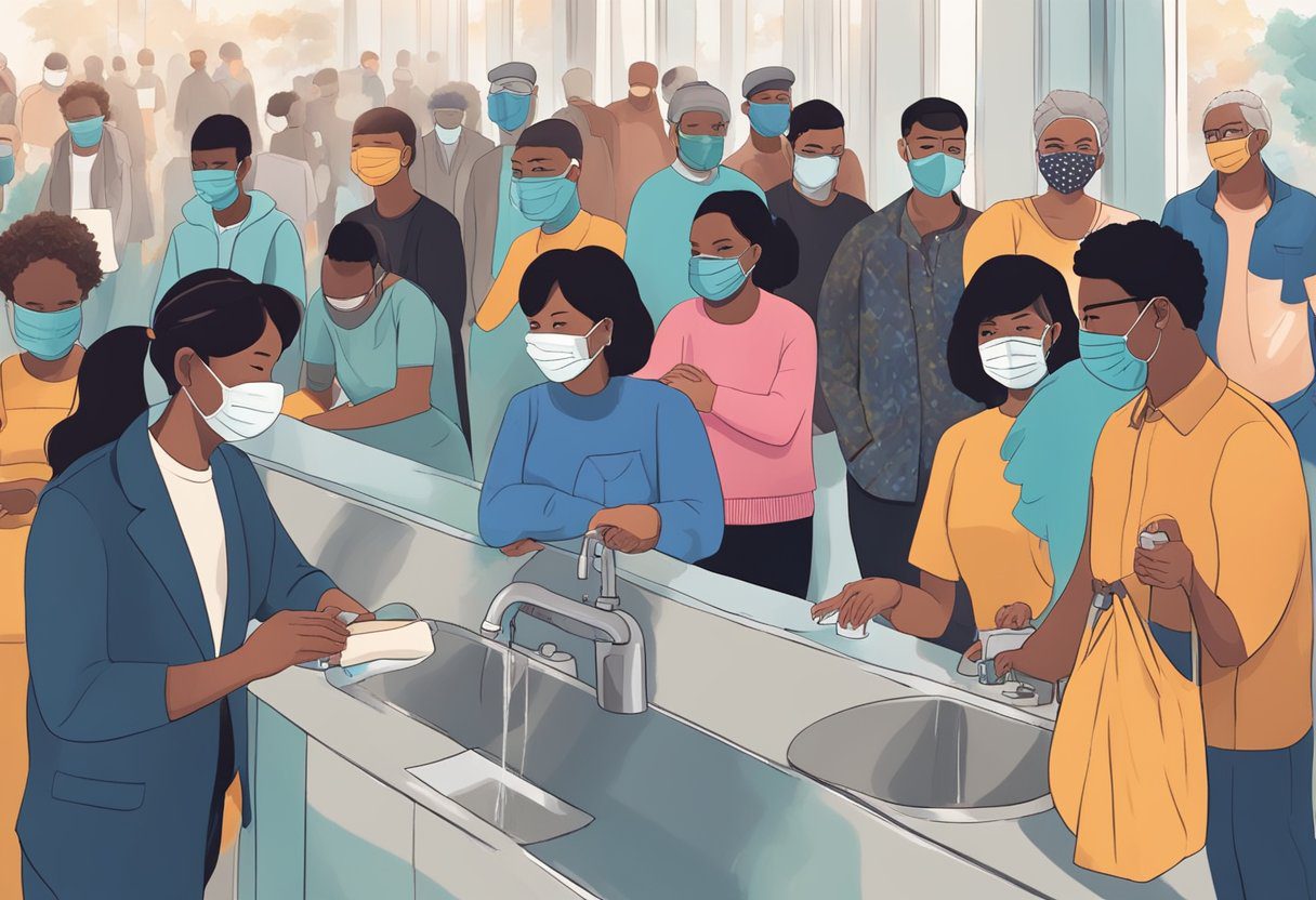 A group of diverse people wearing masks, washing hands, and maintaining social distance in a crowded public space