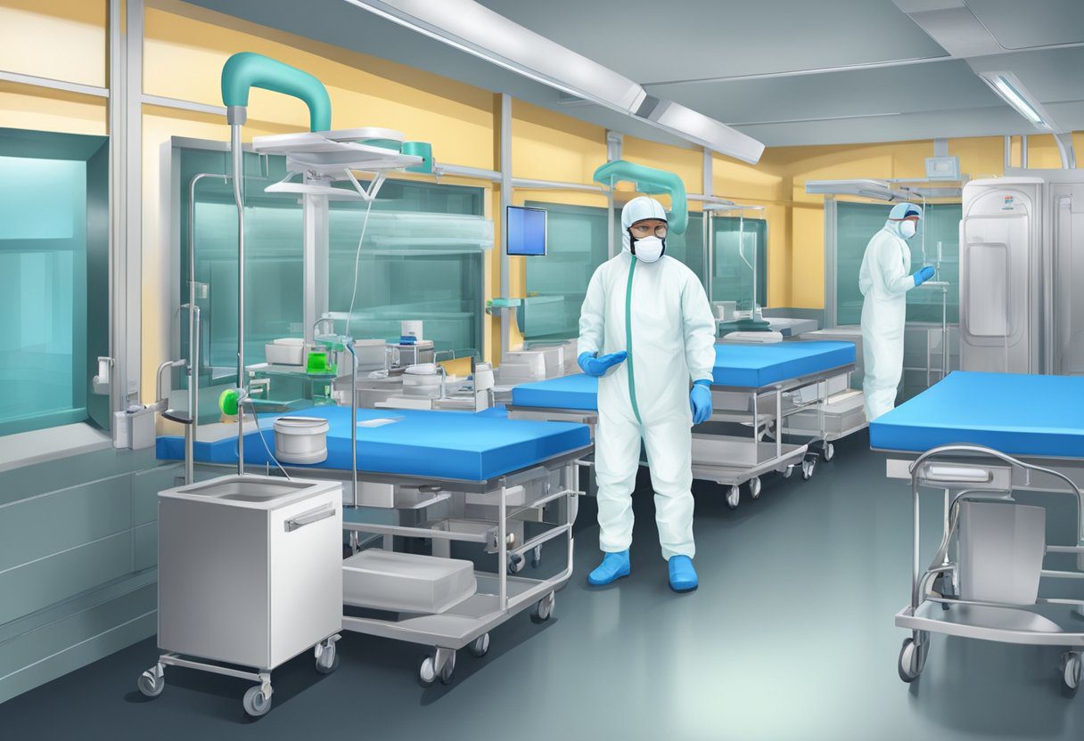 A sterile environment with medical equipment and protective gear, showing the prevention and control of infectious diseases