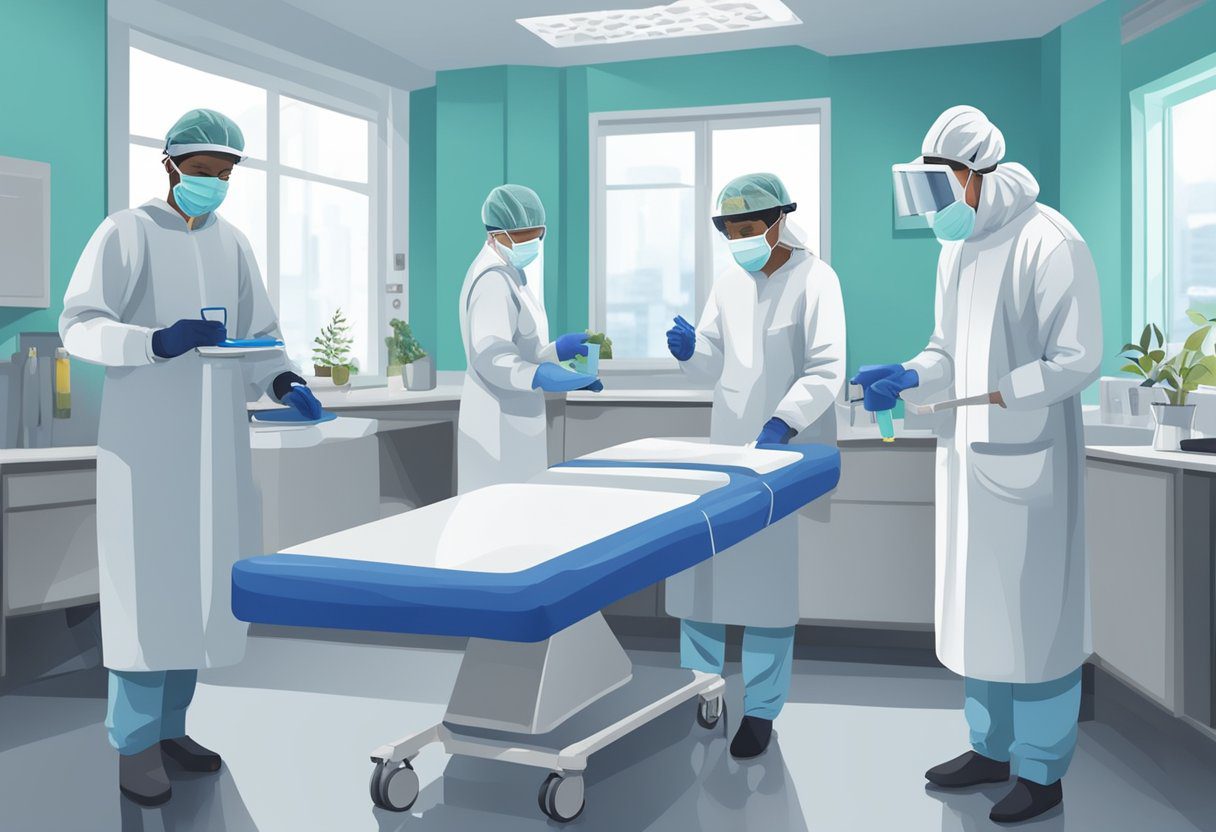 Healthcare workers in protective gear, disinfecting surfaces and equipment, while patients wear masks and practice hand hygiene