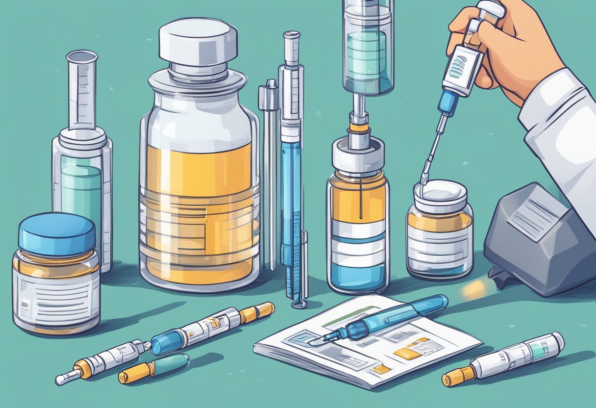 A syringe injecting a vaccine into a vial, surrounded by medical equipment and a poster promoting disease prevention