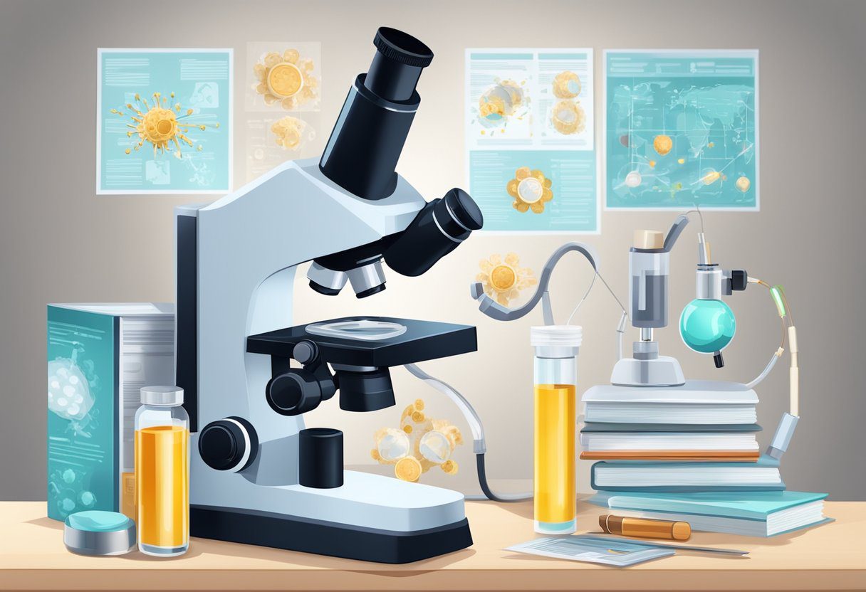 A microscope surrounded by medical equipment and a poster on infectious diseases prevention