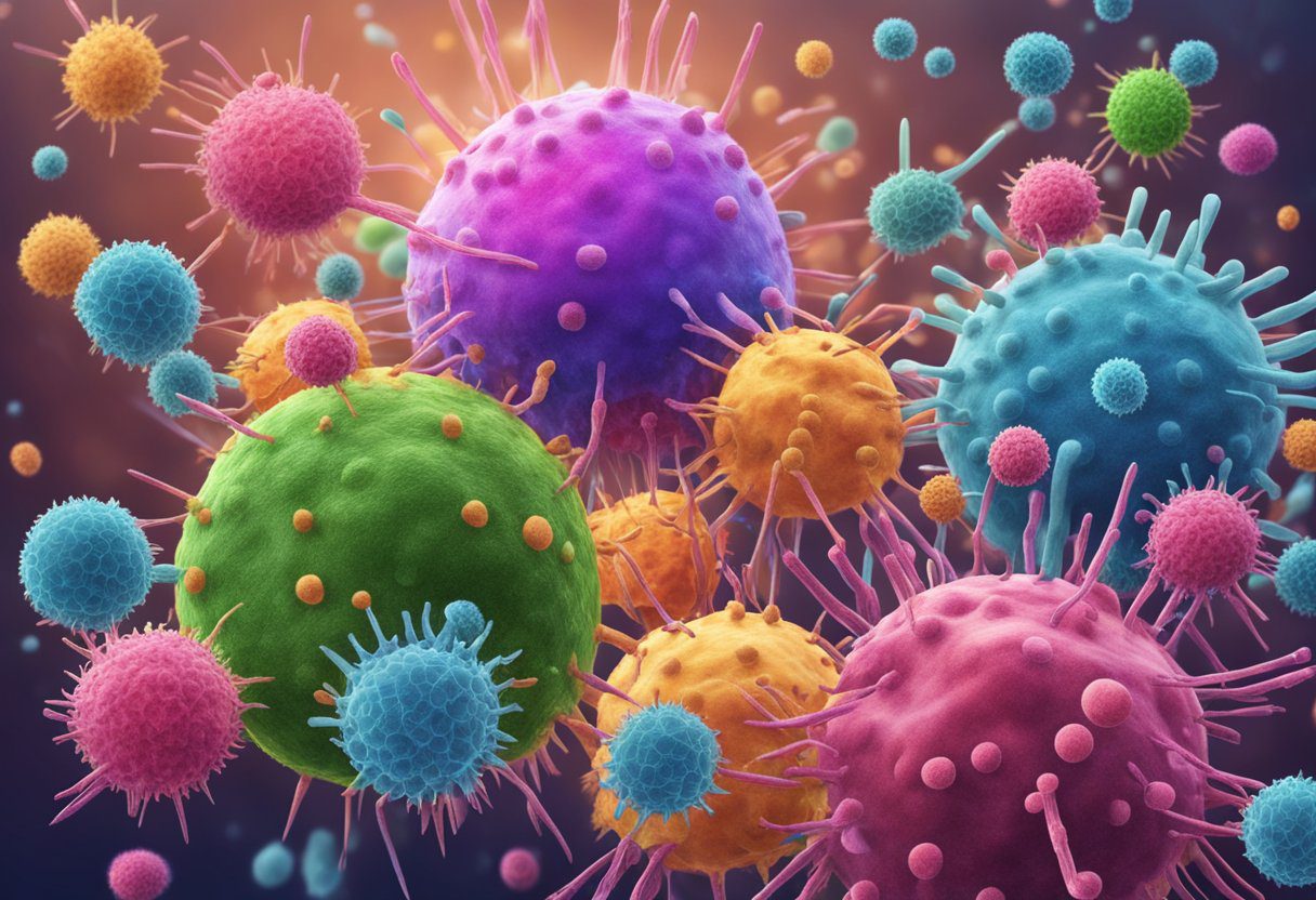 Colorful immune cells surround and attack a cluster of invading pathogens, preventing the spread of infectious diseases