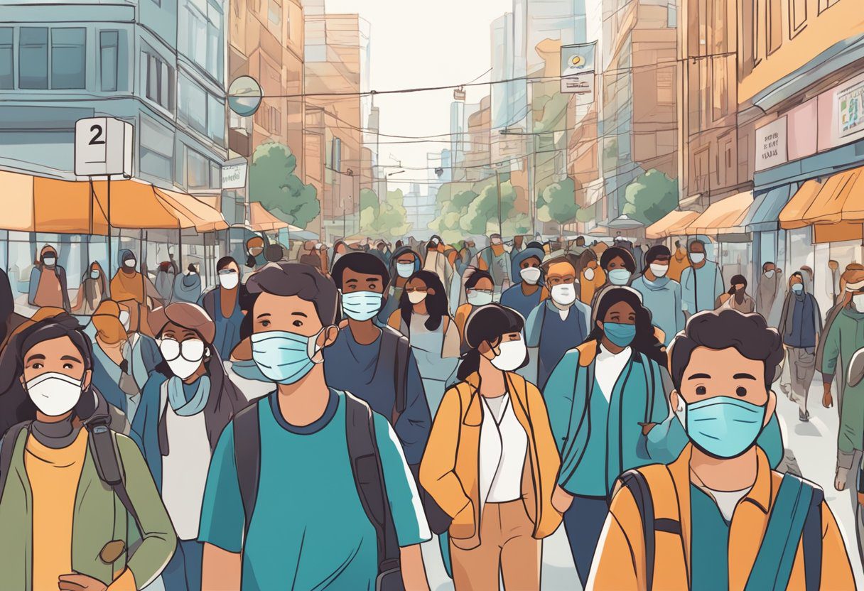 A crowded city street with people wearing masks, hand sanitizer stations, and signs promoting vaccination and disease prevention