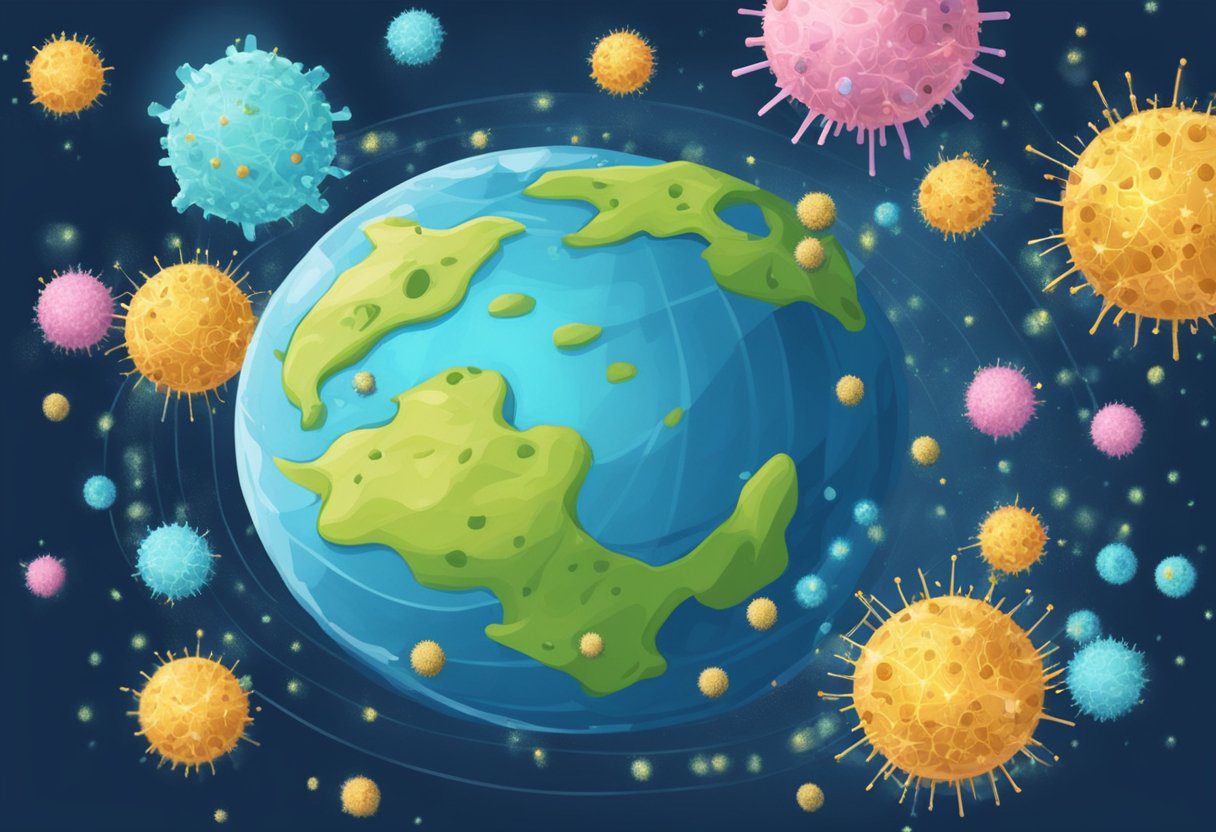 Global impacts: Earth surrounded by virus particles. Measures: Vaccines and masks