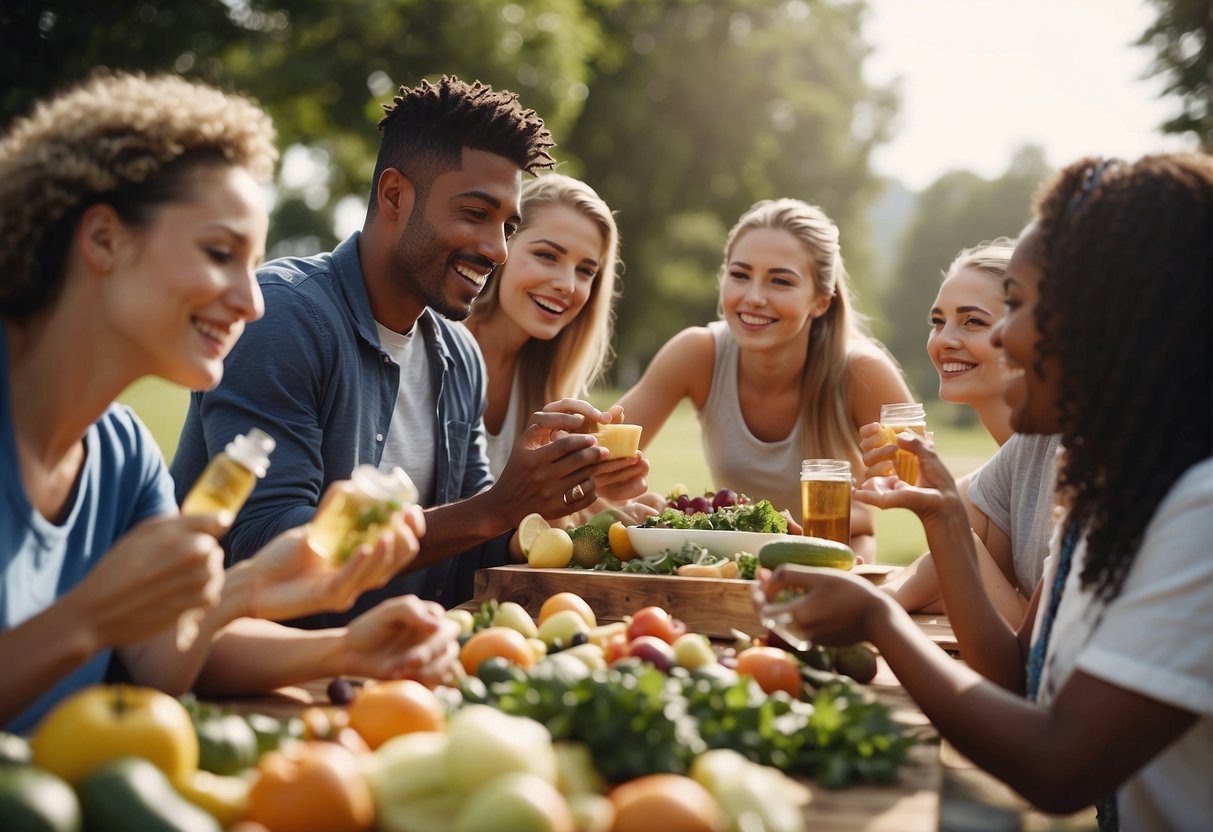 A group of people exercising outdoors, eating healthy foods, and receiving vaccinations to prevent illness